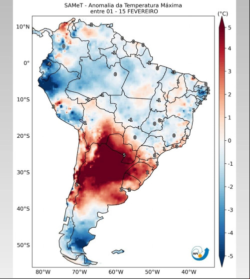 Inpe confirmou uma maior concentração de calor da região Sul da América do Sul - (Reprodução/Inpe)